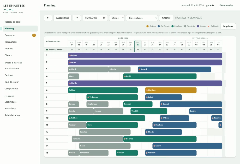 Planning des emplacements du logiciel de gestion, avec les réservations en couleur par statut