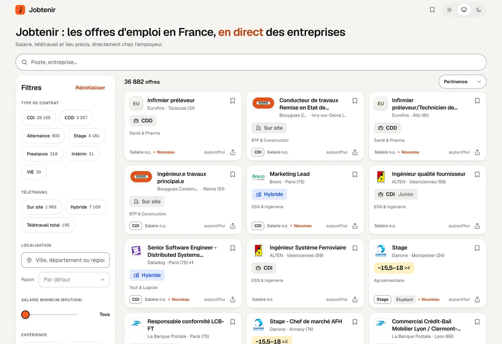 Page de recherche de Jobtenir : filtres à gauche, offres d'emploi en cartes